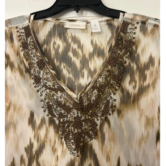 Chico’s Sheer Metal Embellishment Longline Split Sleeve Tunic Top Size 2 Large - Picture 4 of 13